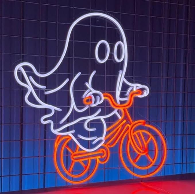 Ghost Riding A Bicycle Neon Sign, Custom Cute Ghost Biker LED Light, Ghost Halloween Neon Light Wall Decor, Ghost Night Light For Home Décor Size:23inches