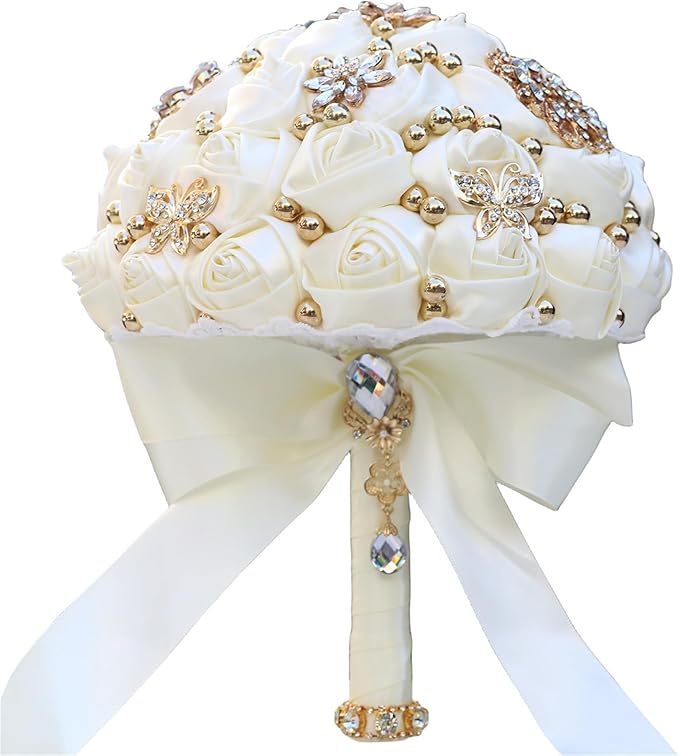 Bridal Wedding Bouquet for Bride Bridesmaid Wedding Quinceanera Throw Toss Artificial Rose Flower Bunch with Bling Brooch (07G#Ivory, Small (Dia. 7.5"/18cm))