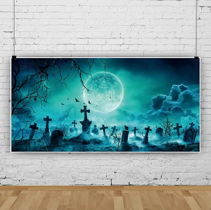 AOFOTO 12x6ft Halloween Backdrop Photography Horror Full Moon Night Scary Tombstone Graveyard Wooden Branches Backdrop for Kids Adult Family Party Birthday Banner Decor Halloween Photo Booth Prop