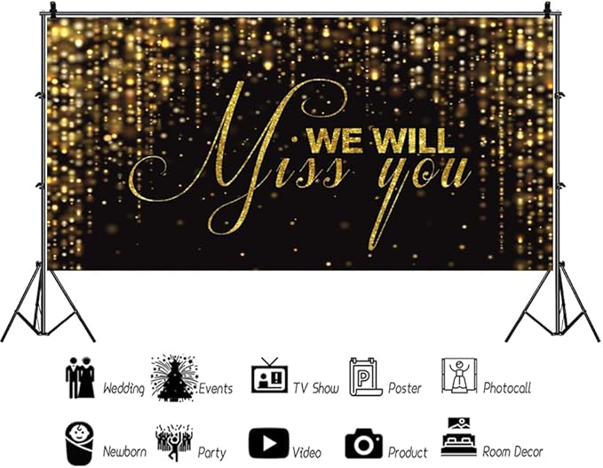 We Will Miss You Backdrop Banner 15x8ft Black Gold Going Away Party Photo Backdrop Background Men Women Goodbye Office Work Congrats Retirement Farewell Anniversary Graduation Party Decors