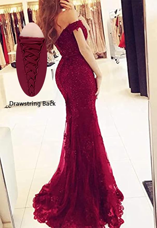Tulle Long Prom Dresses Off The Shoulder Mermaid Dress with Elegant Laces Appliques Formal Evening Party Gowns