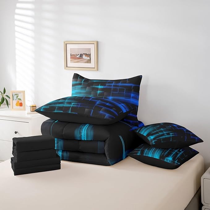 Feelyou Blue and TealBlue Comforter Set with Sheets 7 Piece Twin Size Kids Geometric Bed in a Bag Strip Lines Bedding Set Abstract Art Bed Set with Comforter, Sheets,Cushion Covers
