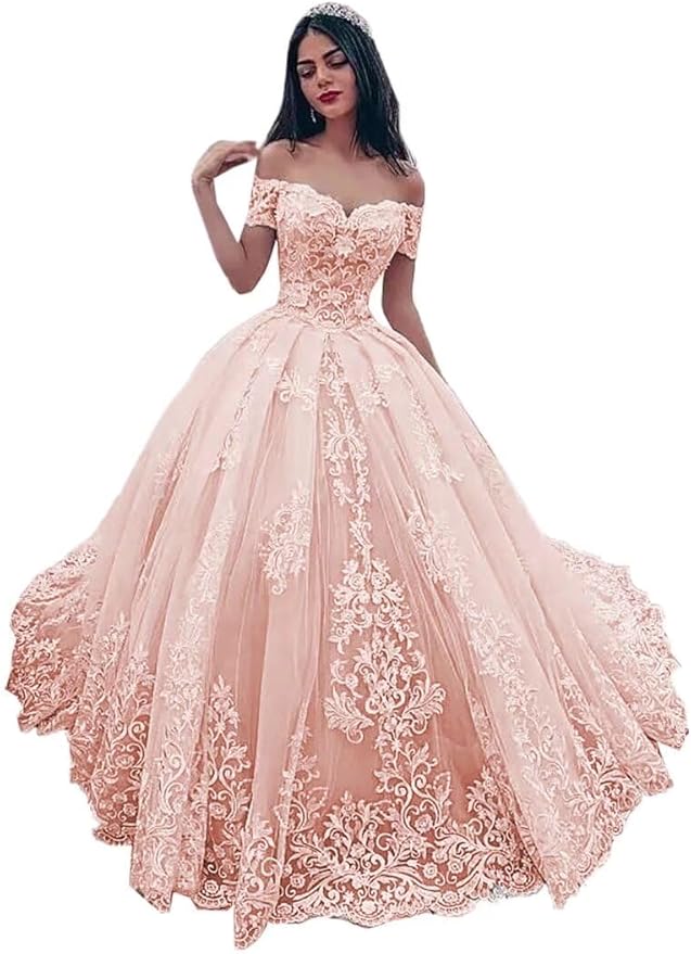 TRHTX Off Shoulder Lace Wedding Dresses for Bride Appliques Bridal Gowns for Women A-line Wedding Gowns with Train