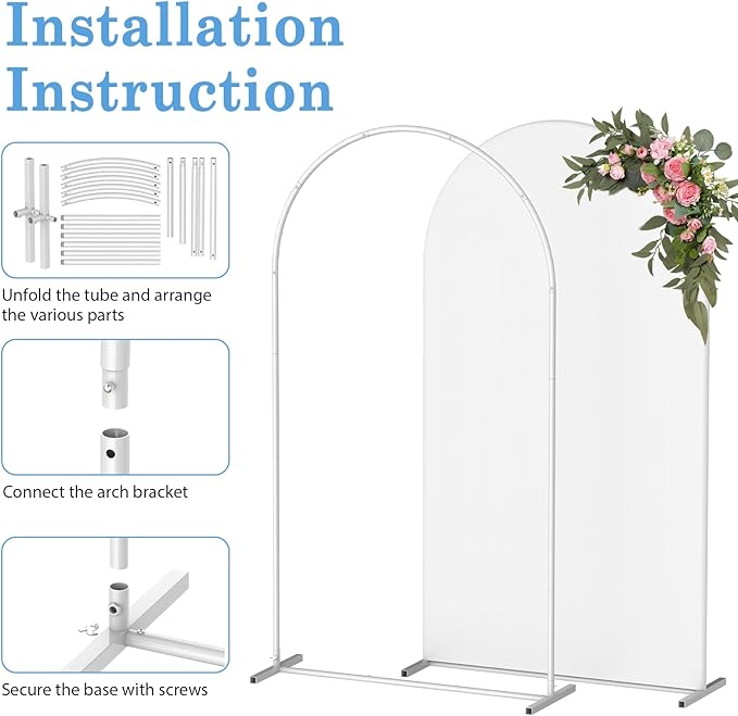 Wedding Arch Backdrop Stand with Arch Cover Spandex,7.3Ft Metal Balloon Arch Stand Frame for Wedding Birthday Party Baby Shower Bridal Banquet Decoration, White