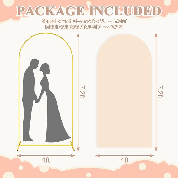 7.2FT Arch Backdrop Stand and Beige Arched Backdrop Cover Set Metal Arch Stand Cover Party Backdrops Arched Frame Stands for Wedding Ceremony Banquet Bridal Baby Shower Event Decorations