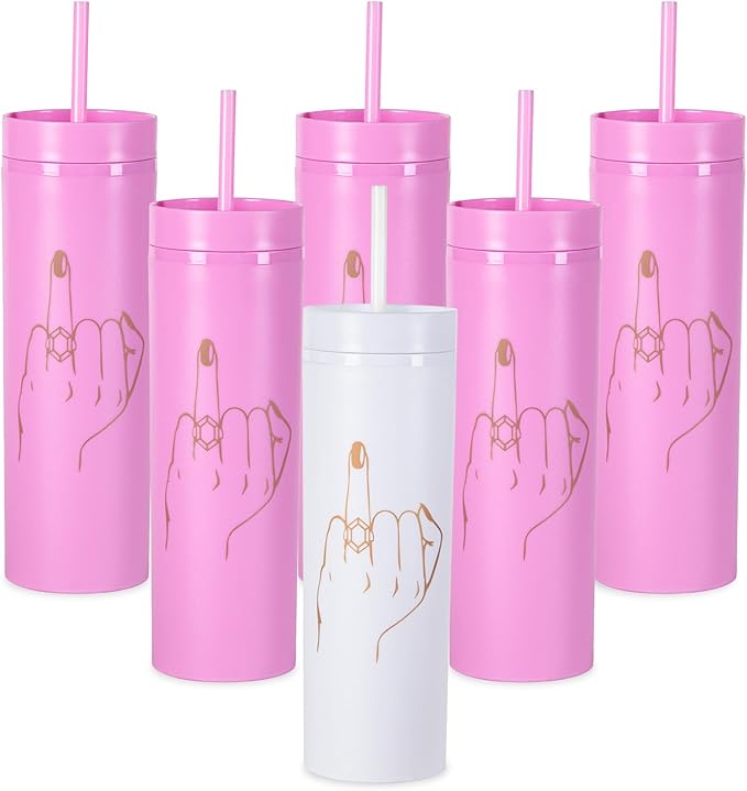 6 Pack Ring Finger Skinny Tumblers| 16 oz Bachelorette Party Cups.Engagement Wedding Gifts.Bridesmaid Proposal Gifts.Bridal Shower Gifts.Bride Bridesmaids Bridal Party Tumblers Cups(Pink).