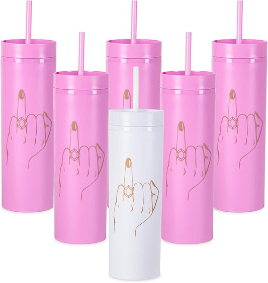 6 Pack Ring Finger Skinny Tumblers| 16 oz Bachelorette Party Cups.Engagement Wedding Gifts.Bridesmaid Proposal Gifts.Bridal Shower Gifts.Bride Bridesmaids Bridal Party Tumblers Cups(Pink).