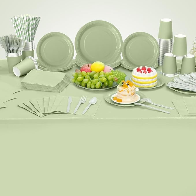 452 Pcs Sage Green Party Supplies for 50, Sage Green Paper Plates Cups Napkins Tablecloth Cutlery Straws Tableware for Wedding Bridal Shower Birthday Baby Shower Party