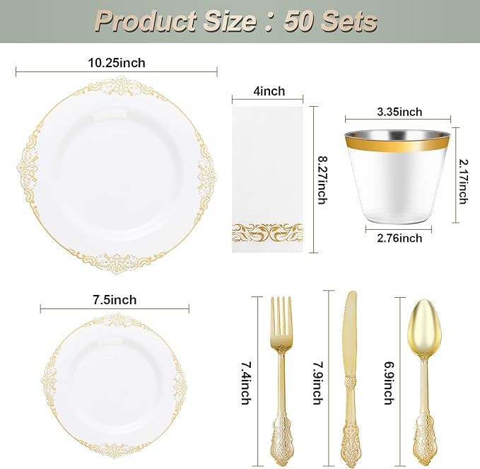 350PCS White and Gold Plastic Plates for 50 Guests, Disposable Dinnerware Set Includes 100 Disposable Plates, 150 Gold Silverware, 50 Cups, 50 Napkins for Party, Wedding