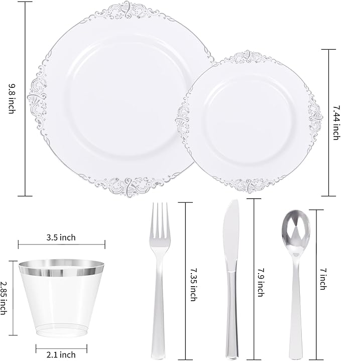 YOUBET 600PCS Silver Plastic Plates - White and Silver Disposable Plates - Silvery Plastic Dinnerware Set - Include 200 Plates, 300 Heavy Duty Silverware, 100 Cups for Wedding & Party
