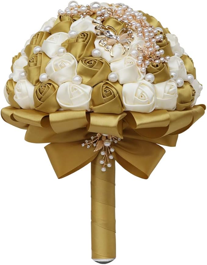 Handmade Wedding Bride Bridesmaid Bridal Bouquet Rose Holding Toss Artificial Flowers Bouquets with Satin Ribbon Pearls Rhinestone for Wedding Celebration Valentine’s Day Parties Bouquet Decor