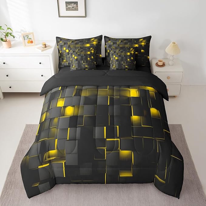 Feelyou Yellow and Black Bedding Set Twin Size Kids Light Geometric Comforter Set with Sheets 7 Piece Bed in a Bag forModern Bed Set with Comforter,Sheets,Pillowcases,Cushion Covers