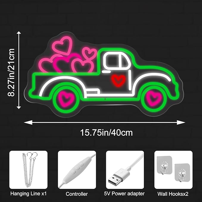 Truck With Hearts Neon Sign - 5-Level Dimmable USB Valentine's Day Decor & Heart Neon Signs, Ideal for Weddings, Party Setups, Shop Walls, Romantic Bedroom Wall Art