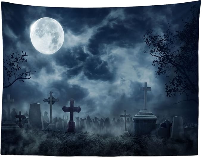 BELECO 9x6ft Fabric Halloween Cemetery Zombies Photography Backdrop Scary Graveyard Spooky Dark Night Full Moon Background Zombie Party Decorations Horror Hallowmas Kids Adults Photo Booth Props