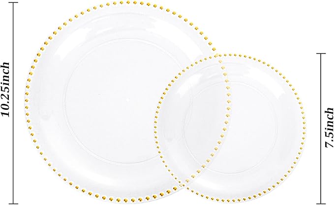 Rubtlamp 60Pcs Clear Gold Plastic Plates, Clear Disposable Plates With Gold Beaded, Heavyduty Plastic Plates Include 30 Dessert Platos, 30 Dinner Platos for Wedding Party