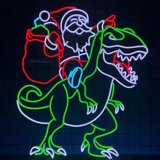 Santa Riding Dinosaur Neon Sign, Santa Claus Led Sign, Xmas Led Light for Christmas Decor, Santa Claus Light Up Wall Art Size:24 inches
