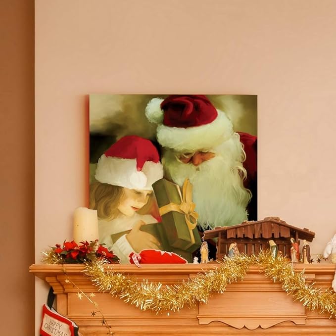 Renditions Gallery A Gift from Santa Wall Art, Little Girl with Present, Winter Artwork, Holiday Decor, Red & White, Premium Gallery Wrapped Canvas, Ready to Hang, 40 in H x 40 in W, Made in America