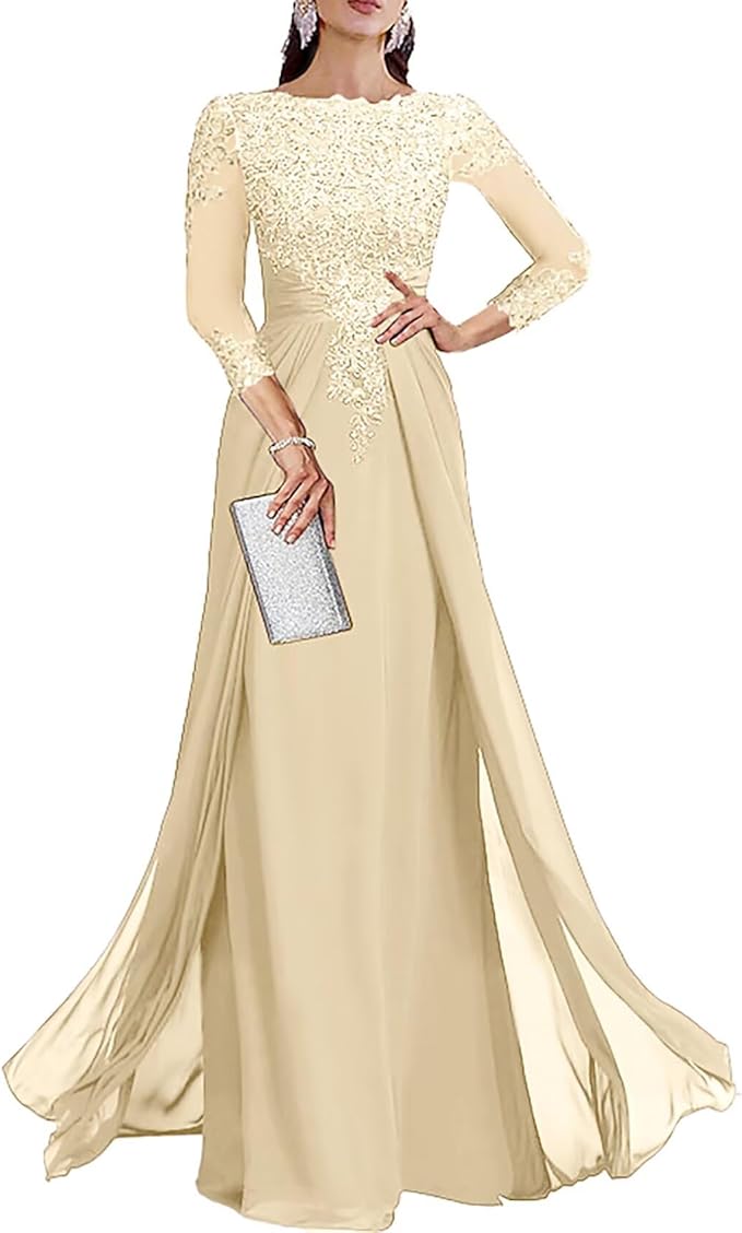 Long Sleeve Mother of The Bride Dresses for Wedding Lace Appliques Chiffon Formal Dress He6052