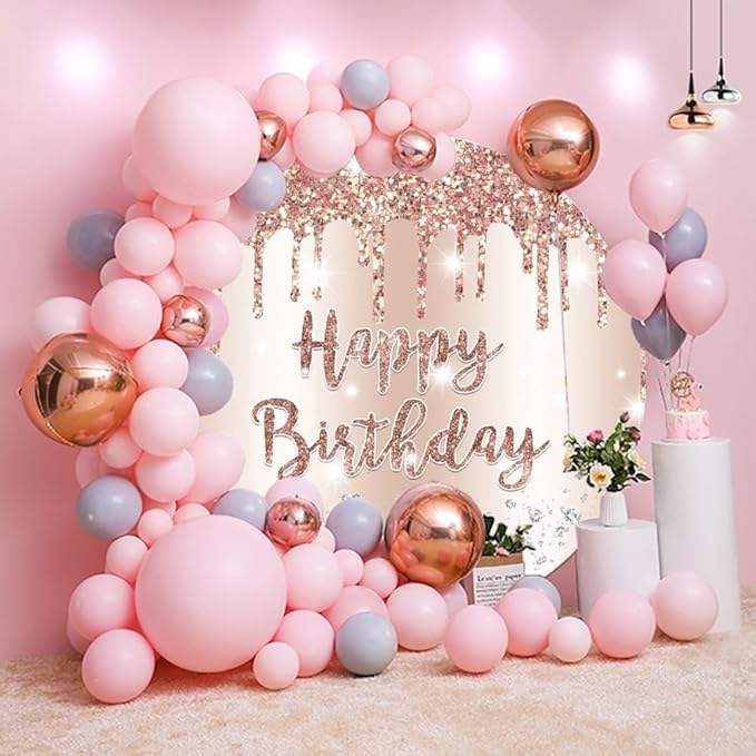 OERJU 7.2x7.2ft Round Birthday Backdrop Cover Rose Gold Glitter Diamonds Happy Birthday Background for Photography Women Girls 16 18th 21th 30th Bday Party Decorations Photo Studio Booth Props