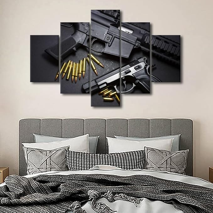 TISHIRON 5 Pieces Weapon Gun Canvas Wall Art Sniper Rifle Home Decor for Living Room Military Wall Decor Modern Artwork for Home Walls Poster and Prints Stretched and Framed Ready to Hang 60x40 in