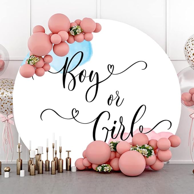 Laeacco 7.5x7.5ft Boy or Girl Gender Reveal Round Backdrop Pink Blue Watercolor Pattern Newborn Baby Shower Arch Photography Background He or She Neutral Reveal Party Cake Table Decor Photo Booth Prop