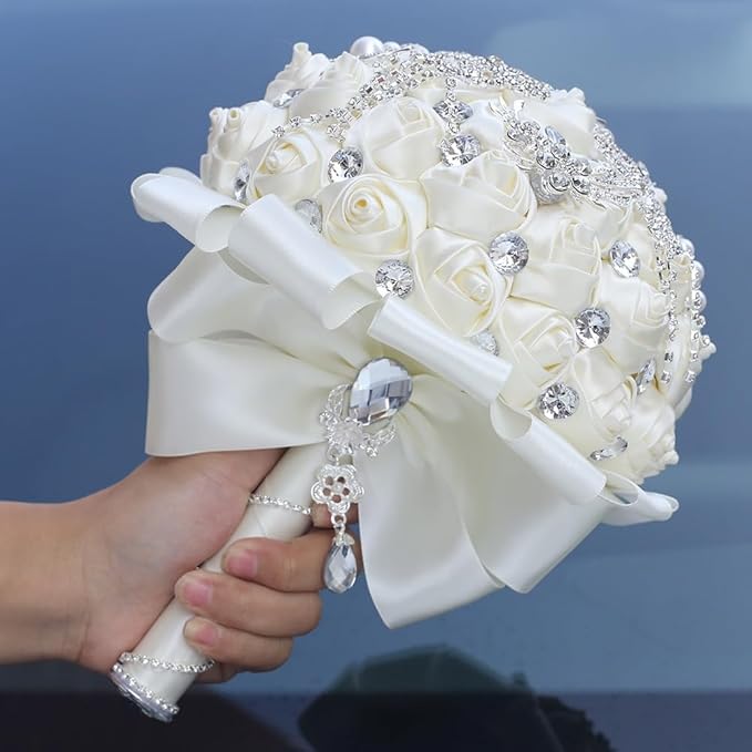 Luxury Brooch Bridal Wedding Bouquet for Bride Bridesmaid Quinceanera with Bling Rhinestones Satin Rose Flower Wedding Bouquet Ivory 8.3in