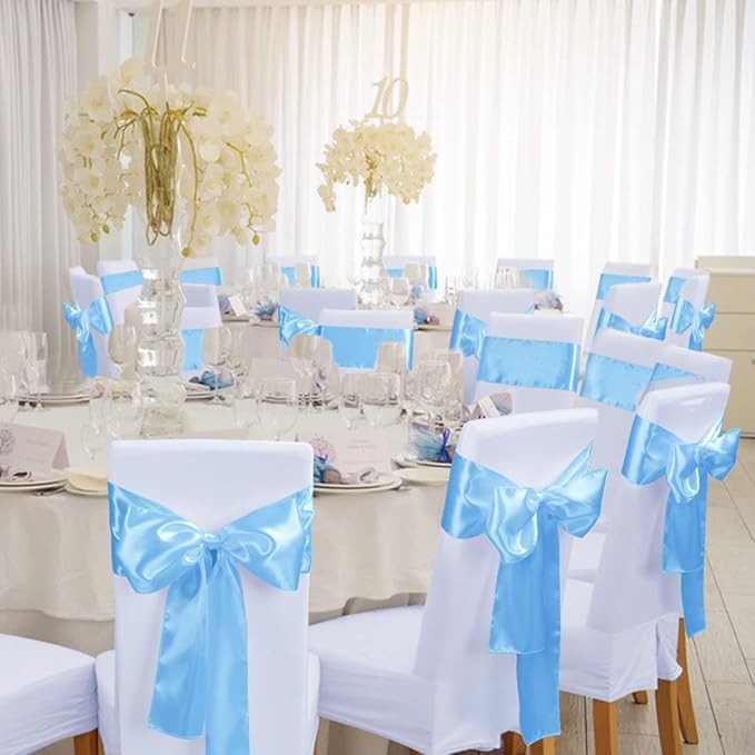 Babenest Satin Chair Sashes Ties Upgraded 50 pcs Chair Ribbons Bows for Wedding Banquet Party Easter Christmas Baby Shower Events Decoration (Baby Blue)