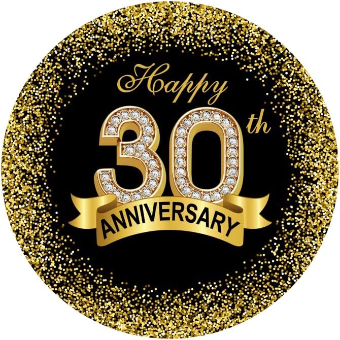 7.2x7.2ft Happy 30th Anniversary Round Backdrop Cover Diamond Black Gold Happy 30th Years Wedding Anniversary Party Theme Photo Background Luxurious Gold Sequins Banquet Circle Backdrop Decor