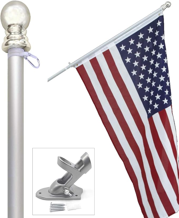 American flag and pole kit set: Includes a 3x5 ft US flag made in USA, 6 ft aluminum tangle free spinning flag pole with carabiners, and flagpole holder wall mount bracket (Silver)