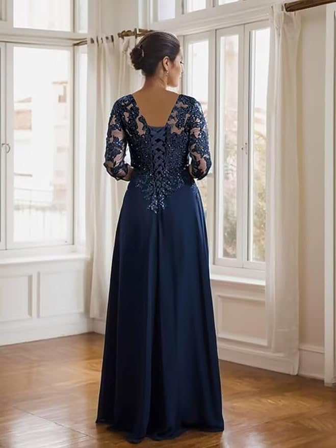 Long Sleeve Mother of The Bride Dresses for Wedding Lace Appliques Chiffon Formal Dress He6052
