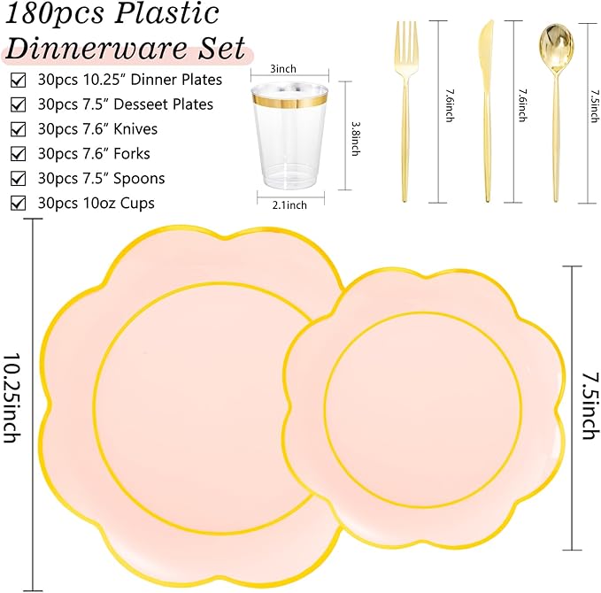 EI 180pcs Pink Plastic Plates with Gold Plastic Silverware,Heavy-Duty Disposable Plates for Party,White Dinnerware Set for 30 Guest Wedding,Birthday,Valentine's Day