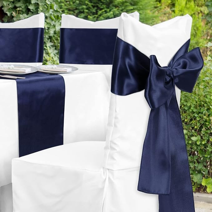 Babenest Satin Chair Sashes Ties Upgraded 50 pcs Chair Ribbons Bows for Wedding Banquet Party Christmas Baby Shower Events Decoration (Navy Blue)