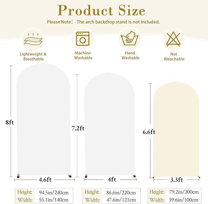 White and Beige Arch Cover 3 Set-8FT, 7.2FT, 6.6FT Arch Backdrop Cover Spandex Fitted 2- Color Fabric Stand Covers for Bridal Shower Baby Shower Birthday Party Wedding Photo Background Decorations