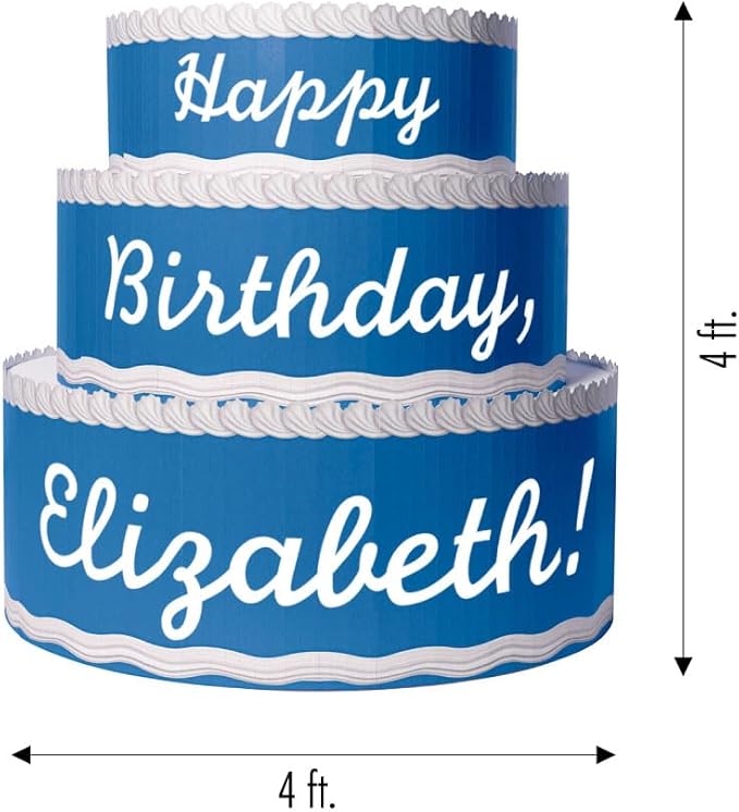 Anderson's Blue & White Personalized Pop-Out Birthday Cake, Life-Size Faux Cake with Fun Font, Custom Name, Surprise Reveal Prop for Milestone Parties, Photo Ops, Store or Business Events, 4'x4'