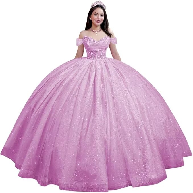 Youjiayi Glitter Tulle Quinceanera Dresses with Train Off Shoulder Beaded Sweet 16 Dresses Pleated Long Ball Gown for Women