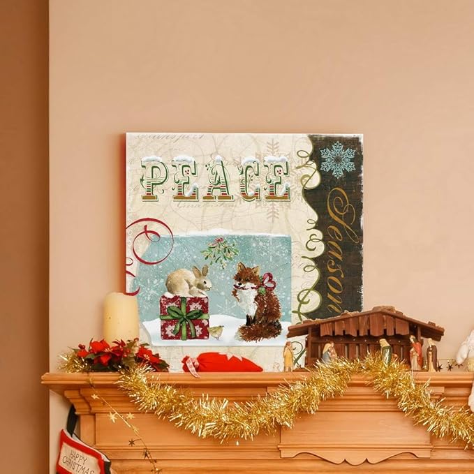 Renditions Gallery Christmas Peace Wall Art, Cute Winter Decor, Festive Rabbit, Fox, and Bird with Present, Premium Gallery Wrapped Canvas, Ready to Hang, 16 in H x 16 in W, Made in America