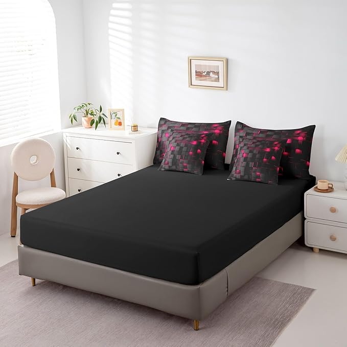 Feelyou Rose Red and Black Bedding Set Twin Size Kids Light Geometric Comforter Set with Sheets 7 Piece Bed in a Bag forModern Bed Set with Comforter,Sheets,Pillowcases,Cushion Covers