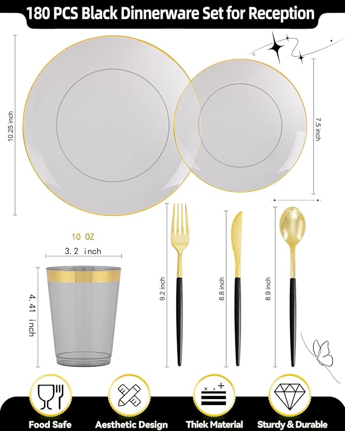 Supernal 180PCS Black and Gold Plastic Dinnerware Set - Black Plastic Plates with Disposable Silverware Include 30 Dinner / 30 Dessert Plates, 30 Forks,30 Knives,30 Spoons & 30 Cups for Party&New Year