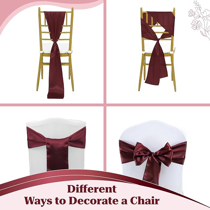 VDS Satin Chair Sashes Chair Cover Back Tie Sateen Bows Ribbon for Wedding Birthday Graduation Engagement Ceremony Event Party Banquet Venue Hotel All Dining Chair Decoration (40PC) (Burgundy)