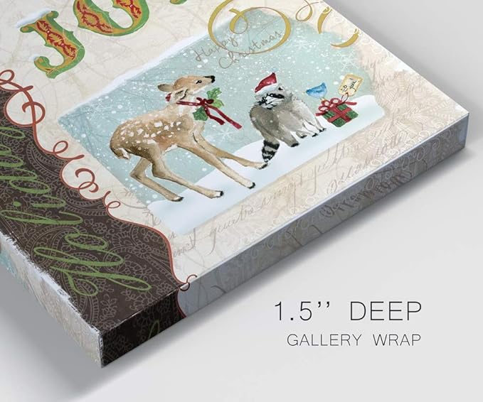 Renditions Gallery Holiday Joy Wall Art, Cute Winter Decor, Festive Fawn Deer, Raccoon, & Bluebird with Present, Premium Gallery Wrapped Canvas, Ready to Hang, 32 in H x 32 in W, Made in America