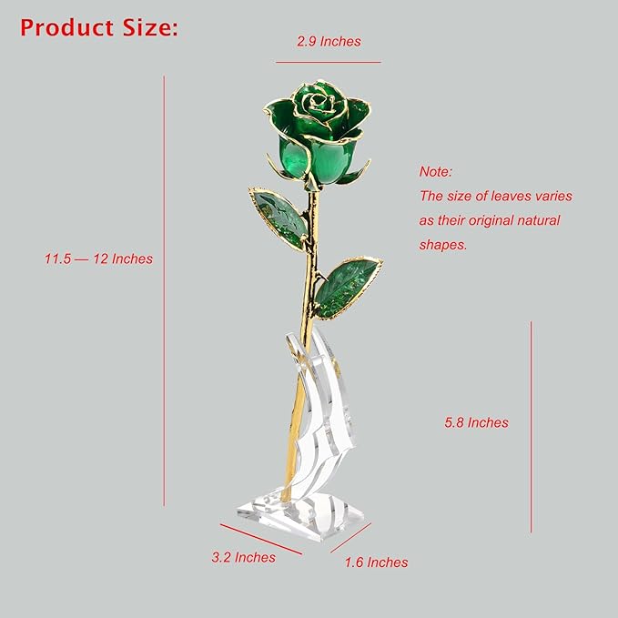 24K Gold Real Rose, Gold Dipped Rose Made from Real Rose Best Gifts for her and Great Gifts for Mom (Green Original Rose with Stand)