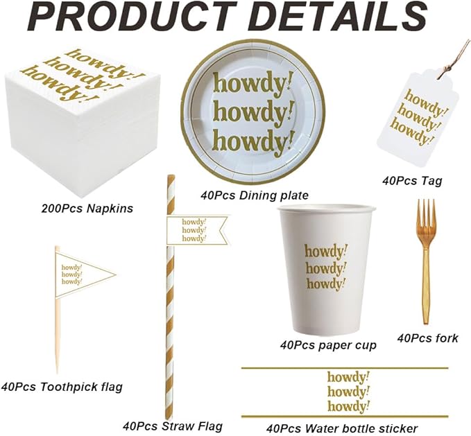 SharkBliss Howdy Party Supplies 480 PCS – Paper Cocktail Napkins Party Cups Water Bottle Labels Toothpick Flags Drinking Straws Gift Tags Forks Plates for Western Cowgirl Rodeo Bachelor Bridal Shower