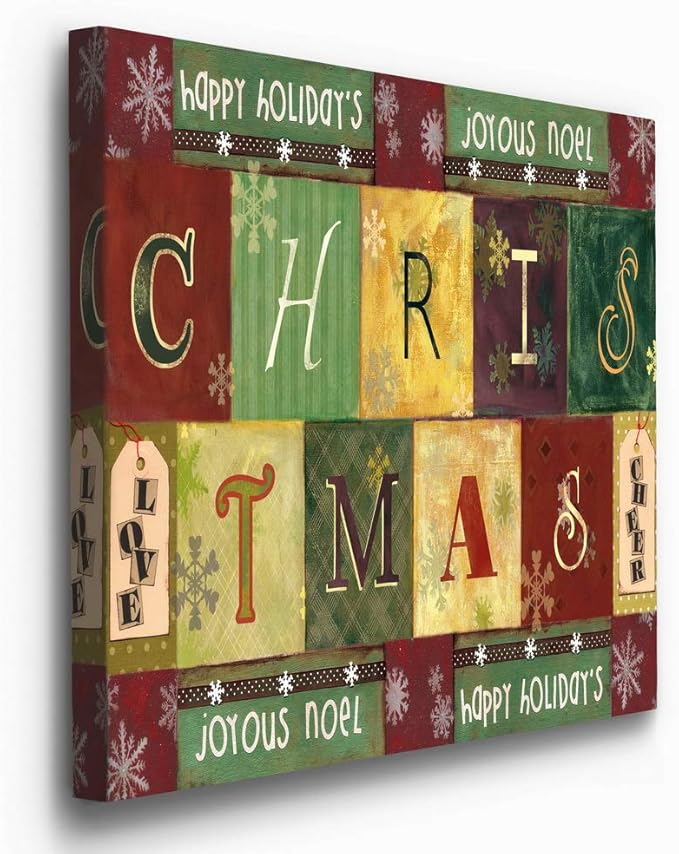 Renditions Gallery Christmas Word Art Wall Art, Cute Winter Decor, Colorful Wrapping Paper Like Designs, Snowflakes, Premium Gallery Wrapped Canvas, Ready to Hang, 40 in H x 40 in W, Made in America