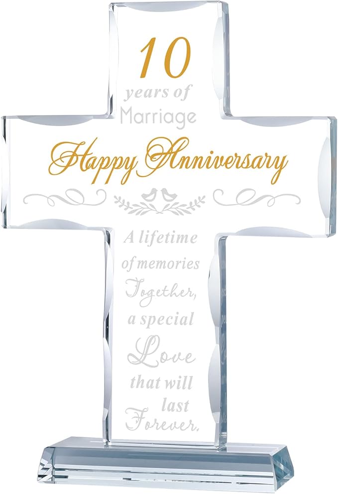 YWHL Happy 10 Year Anniversary Glass Cross Gifts for Wife, 10th Wedding Anniversary Religious Gifts for Couple, Home Party Decoration