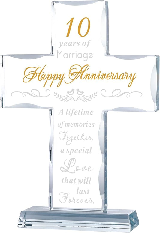 YWHL Happy 10 Year Anniversary Glass Cross Gifts for Wife, 10th Wedding Anniversary Religious Gifts for Couple, Home Party Decoration