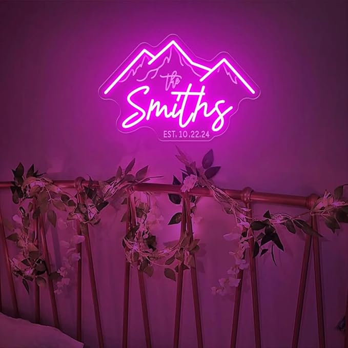 Custom Mountain Theme Wedding Neon Sign Personalized Family Name Established LED Neon Light Wedding Engagement Grass Wall Backdrop Decor Home Wall Décor