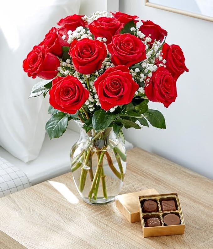 From You Flowers - One Dozen Red Roses + Heart Balloon + Chocolate with Glass Vase | Fresh Flower Bouquets for Birthday, Anniversary, Get Well or Celebration