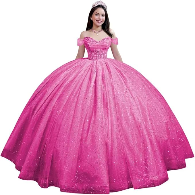 Youjiayi Glitter Tulle Quinceanera Dresses with Train Off Shoulder Beaded Sweet 16 Dresses Pleated Long Ball Gown for Women