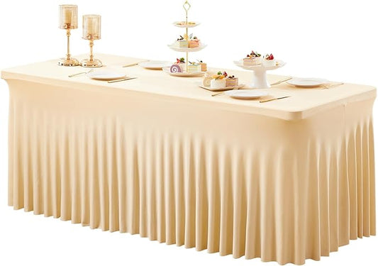 1 Pack Dark Champagne Table Clothes for 8 Foot Rectangle Tables, One-Piece Wrinkle Resistant Stretch Spandex Table Covers with Skirt for Event Banquet Wedding Birthday Party