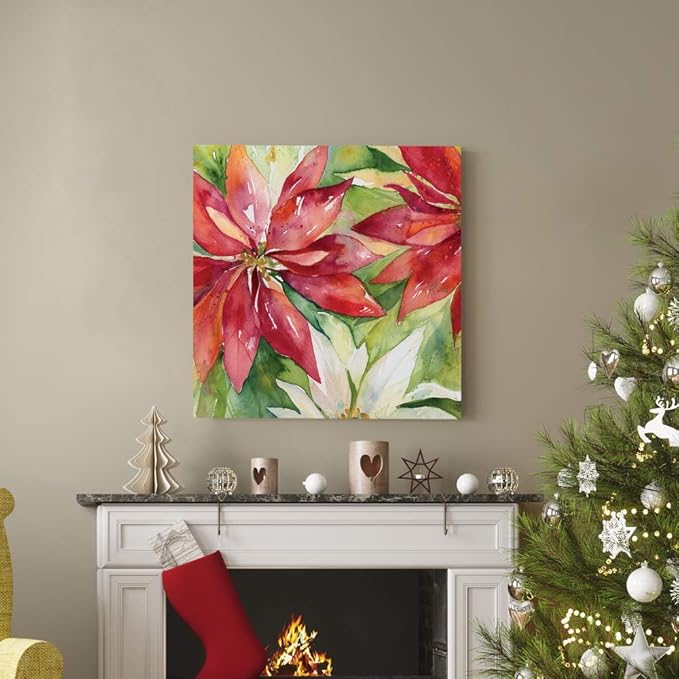 Renditions Gallery Poinsettia Leaves Wall Art, Christmas & Winter Artwork, Festive Red & Green, Flowers, Floral, Premium Gallery Wrapped Canvas Decor, Ready to Hang, 32 in H x 32 in W, Made in America